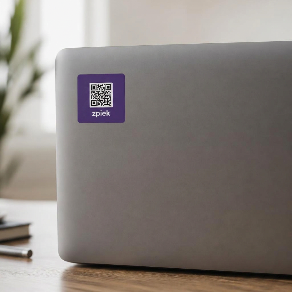 A Zpiek QR sticker applied to a laptop lid