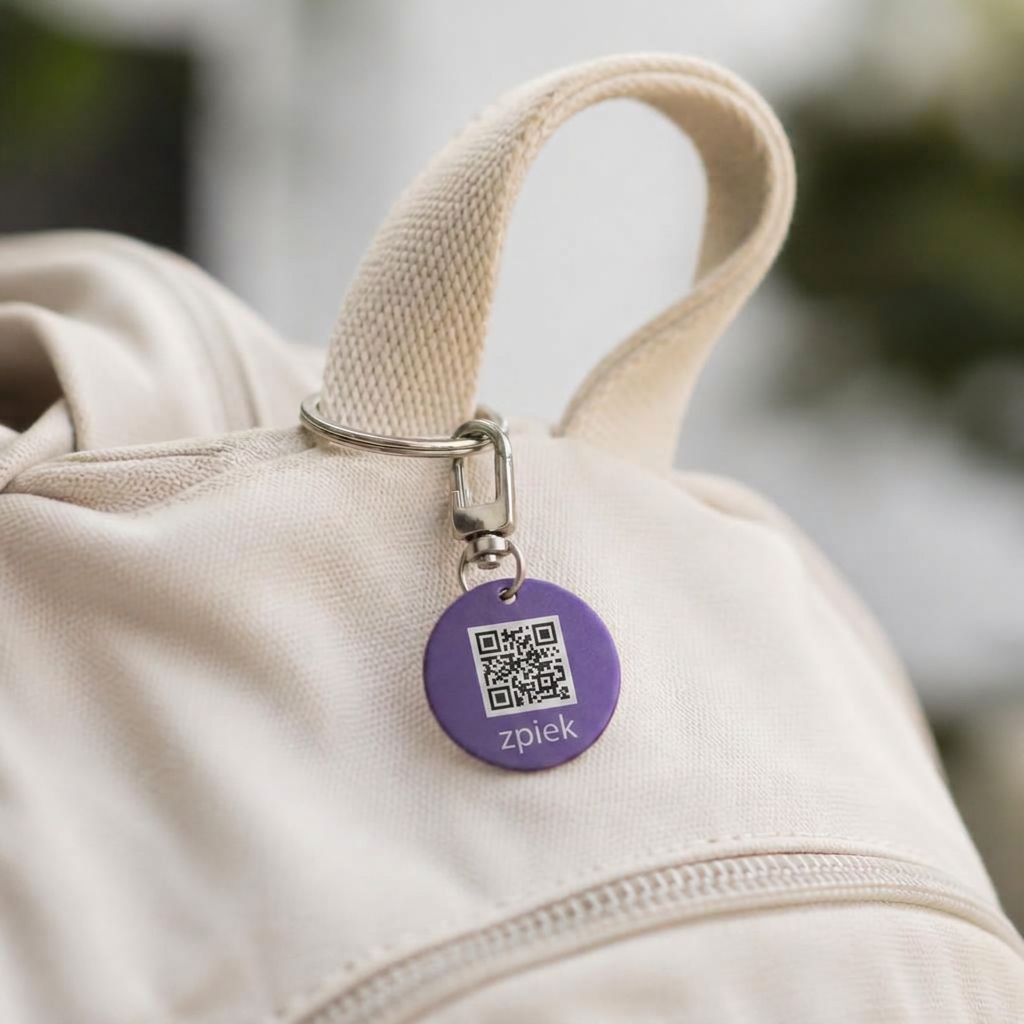 A Zpiek QR keychain clipped to a backpack handle
